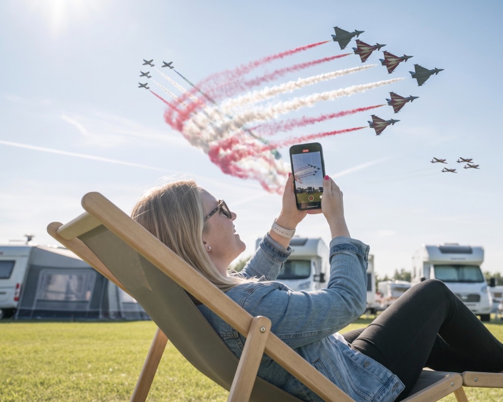 AirPower-Spotterin fotografiert Jets vom Schitterhof Camping in Spielberg